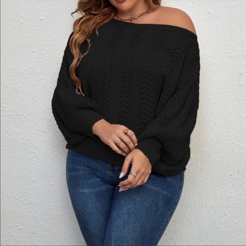 Plus Off Shoulder Asymmetrical Neck Batwing Cuff Sleeve Sweater Top - Picture 1 of 13